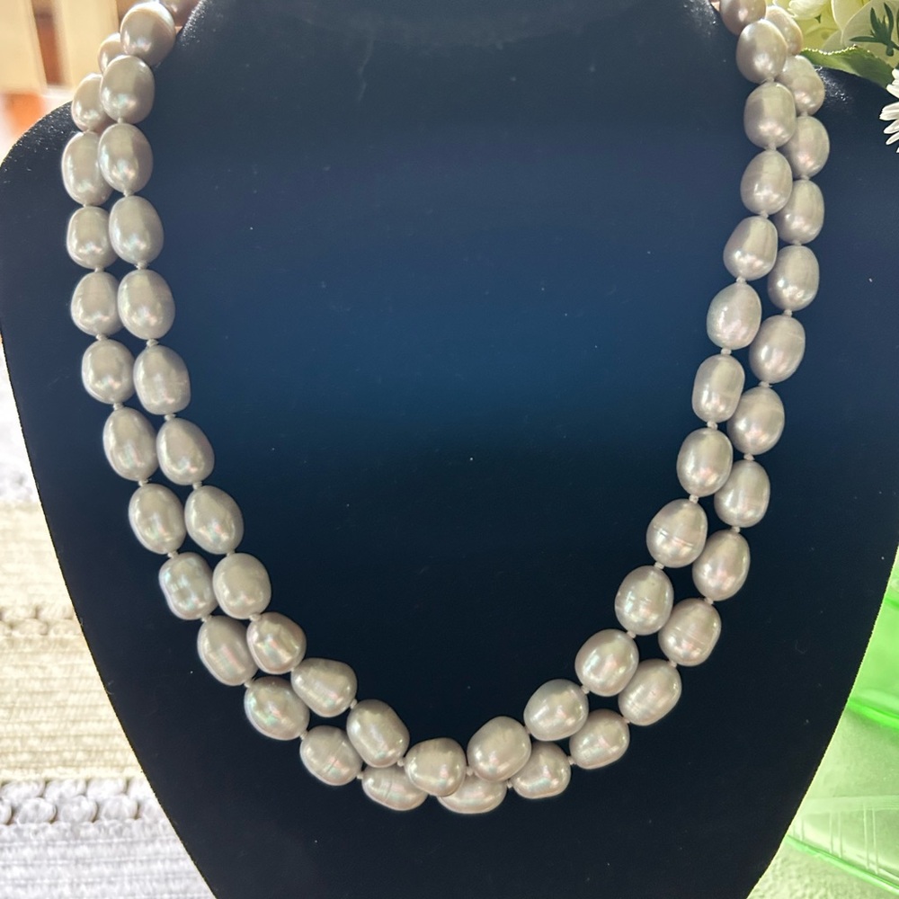 Genuine Saltwater Gray Vintage Double stand Pearls with 925 Sliding clasp